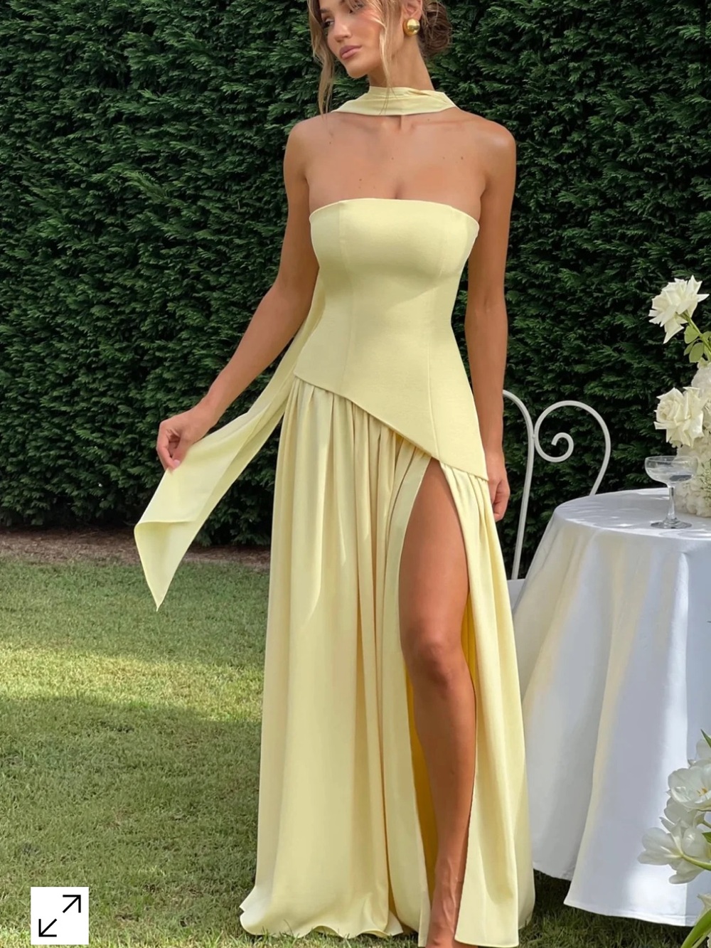 Strapless Lemon Yellow Evening Gown with High Slit